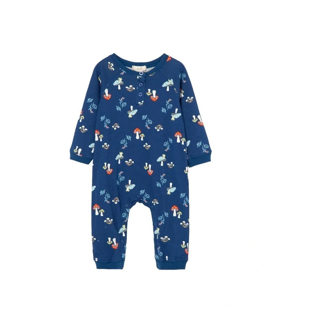 Peek Aren't You Curious Mushrooms Cotton Romper, Blue, Size 12-18m, NWT